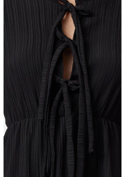 Kadın Moda Şık Maxi Boy Hakim Yaka Regular Fiyonk Detaylı Dokuma Elbise fırsatları