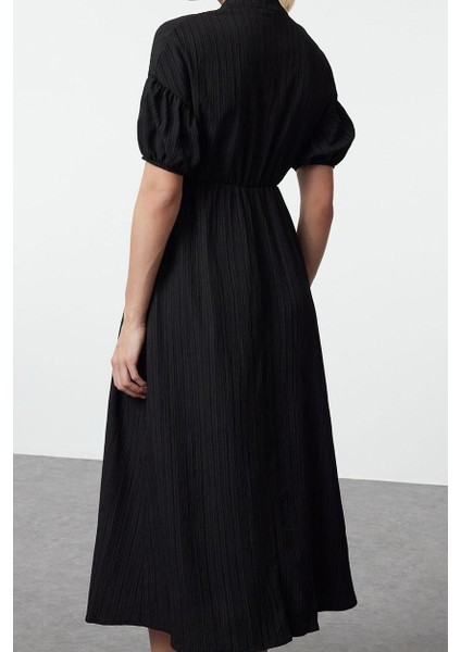 Kadın Moda Şık Maxi Boy Hakim Yaka Regular Fiyonk Detaylı Dokuma Elbise indirimleri