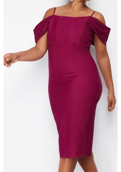 Moda Stil Fitted Carmen Yaka Midi Boy Büyük Beden Düz Bodycone Dokuma Büyük Beden Elbise indirimleri