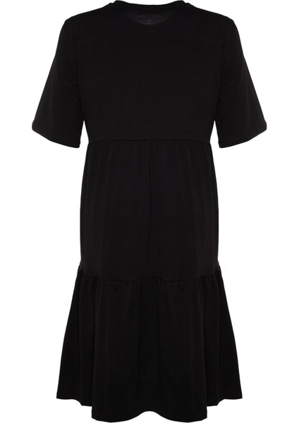 Moda Stil Relaxed Bisiklet Yaka Midi Boy Büyük Beden Volanlı %100 Pamuk Örme Elbise