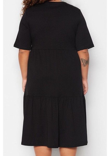Moda Stil Relaxed Bisiklet Yaka Midi Boy Büyük Beden Volanlı %100 Pamuk Örme Elbise