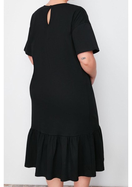 Moda Bisiklet Yaka Midi Boy Büyük Beden Büzgü ve Etiket Detaylı %100 Pamuk Örme T-Shirt Elbise indirimleri