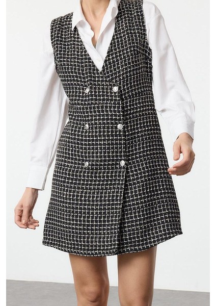 Moda Stil Regular V Yaka Mini Boy Tüvit Kumaş Jile Dokuma Elbise