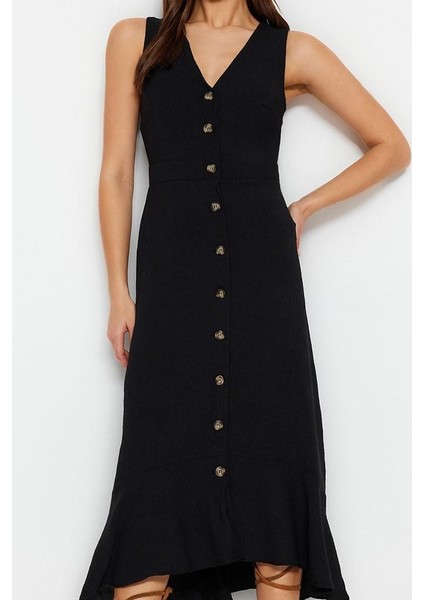 Moda Stil Regular Kare Yaka Midi Boy V Yaka Düğme Detaylı Dokuma Gömlek Elbise