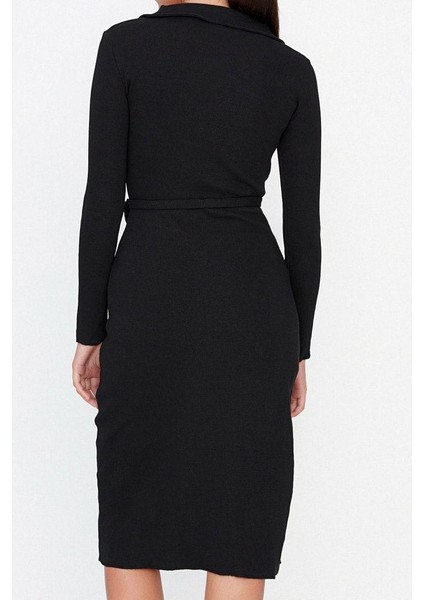 Moda Stil Slim Gömlek Yaka Midi Boy Vücuda Oturan Polo Yaka Fitilli Düğmeli Esnek Örme Elbise indirimleri