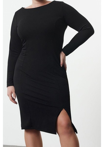 Moda Stil Fitted Kayık Yaka Regular Boy Büyük Beden Krep Örme Büyük Beden Elbise