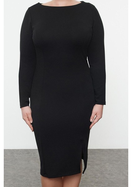Moda Stil Fitted Kayık Yaka Regular Boy Büyük Beden Krep Örme Büyük Beden Elbise