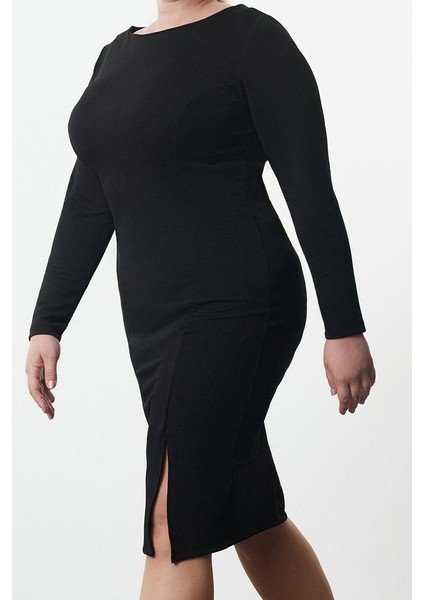 Moda Stil Fitted Kayık Yaka Regular Boy Büyük Beden Krep Örme Büyük Beden Elbise
