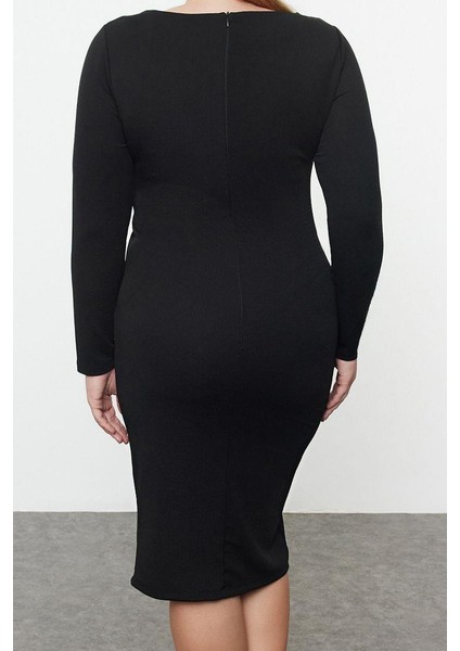 Moda Stil Fitted Kayık Yaka Regular Boy Büyük Beden Krep Örme Büyük Beden Elbise