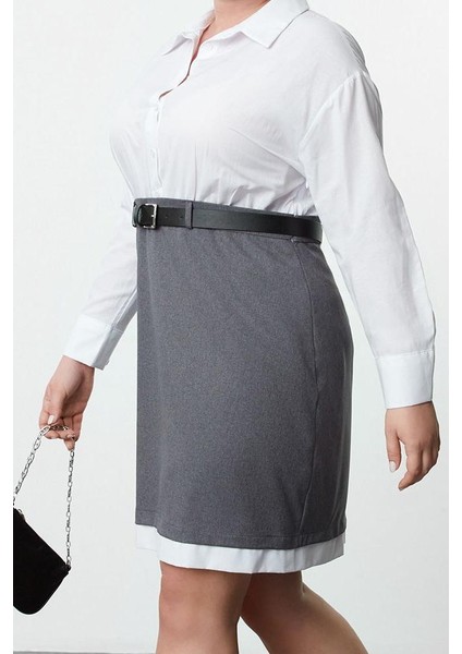 Moda Stil Fitted Gömlek Yaka Mini Boy Büyük Beden Kemerli Gömlek-Etek Büyük Beden Dokuma Elbise