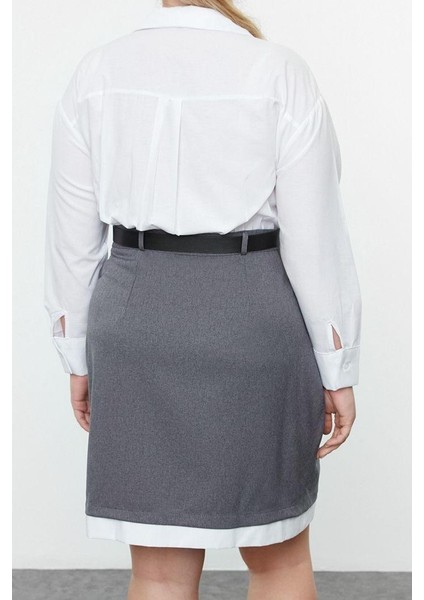Moda Stil Fitted Gömlek Yaka Mini Boy Büyük Beden Kemerli Gömlek-Etek Büyük Beden Dokuma Elbise
