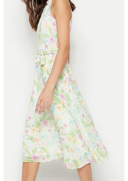 Moda Stil Regular Halter Yaka Midi Boy Çiçek Desenli Kuşaklı A Kesim Kolsuz Astarlı Dokuma Elbise