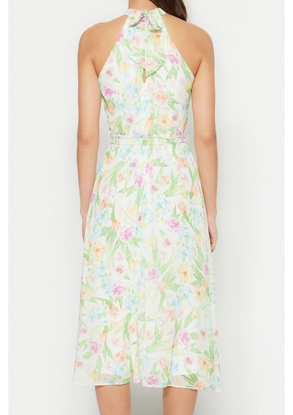Moda Stil Regular Halter Yaka Midi Boy Çiçek Desenli Kuşaklı A Kesim Kolsuz Astarlı Dokuma Elbise