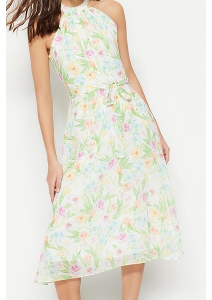 Moda Stil Regular Halter Yaka Midi Boy Çiçek Desenli Kuşaklı A Kesim Kolsuz Astarlı Dokuma Elbise