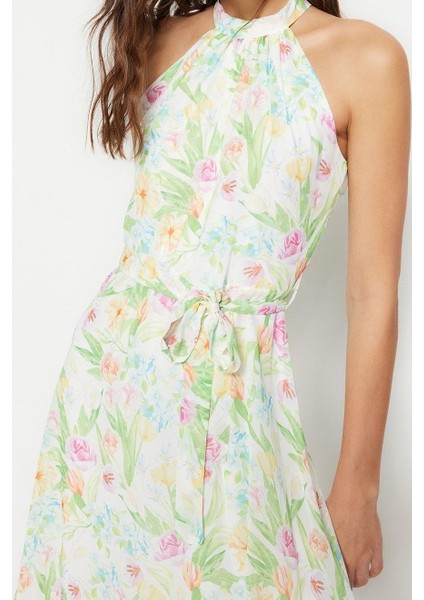 Moda Stil Regular Halter Yaka Midi Boy Çiçek Desenli Kuşaklı A Kesim Kolsuz Astarlı Dokuma Elbise