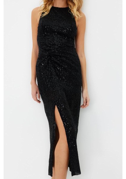 Moda Stil Fitted Halter Yaka Midi Boy Vücuda Oturan Örme Parıltılı Pullu Örme Payet Şık Abiye Elbise