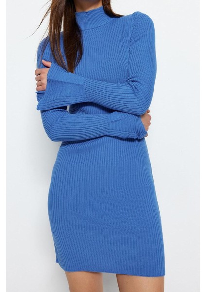 Moda Stil Slim Dik Yaka Mini Boy Triko Basic Elbise