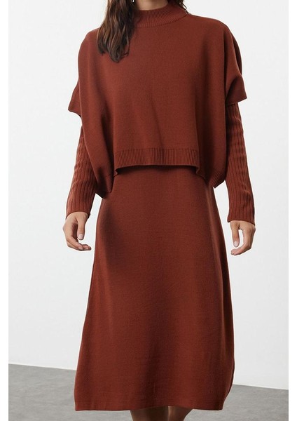 Moda Stil Oversize Dik Yaka Midi Boy Triko Süper Geniş Kalıp Süveterli Elbise
