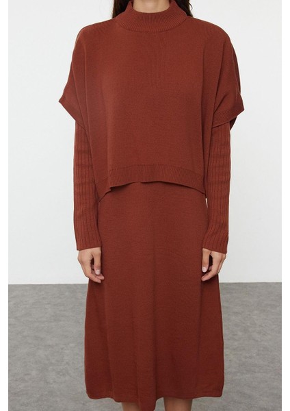 Moda Stil Oversize Dik Yaka Midi Boy Triko Süper Geniş Kalıp Süveterli Elbise modelleri