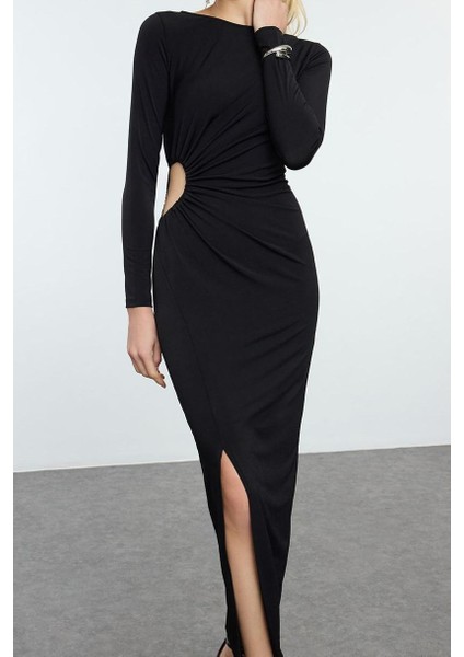Moda Stil Fitted Bisiklet Yaka Midi Boy Elbise