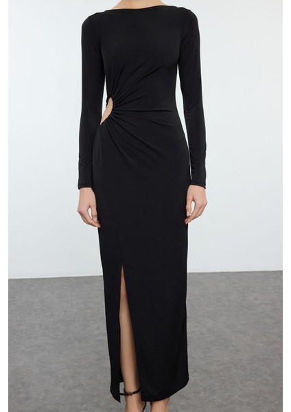 Moda Stil Fitted Bisiklet Yaka Midi Boy Elbise