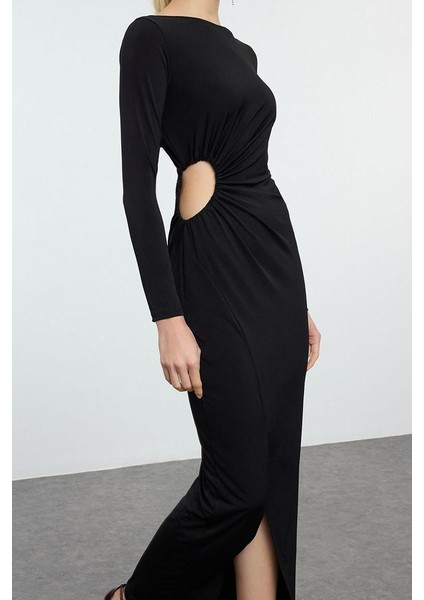 Moda Stil Fitted Bisiklet Yaka Midi Boy Elbise