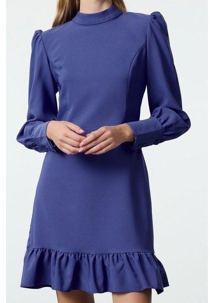 Moda Stil Regular Dik Yaka Mini Boy A Kesim Eteği Büzgülü Dokuma Elbise