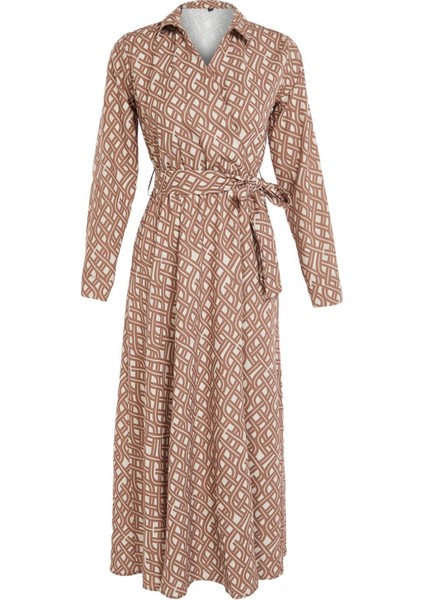 Moda Stil Regular Kruvaze Maxi Boy Tesettür Mono Desenli Kuşaklı Saten Dokuma Elbise