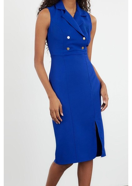 Moda Stil Regular Ceket Yaka Midi Boy Düz Kalem Etek Dokuma Elbise