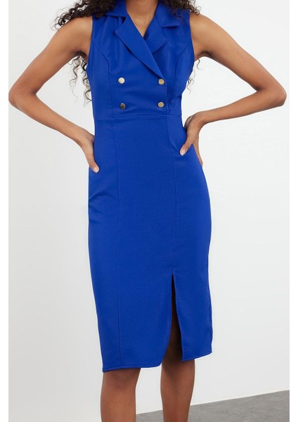 Moda Stil Regular Ceket Yaka Midi Boy Düz Kalem Etek Dokuma Elbise