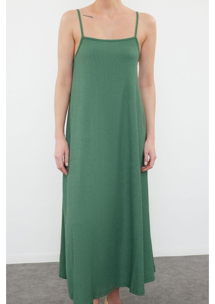 Moda Stil Relaxed Kare Yaka Maxi Boy Ayarlanabilir Askılı A-Line Bürümcük Dokulu Örme Elbise