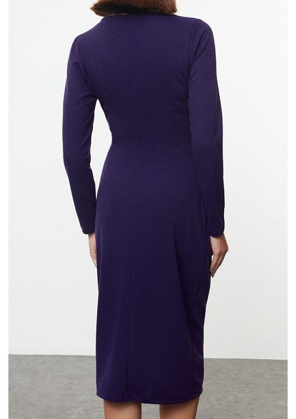 Moda Stil Slim Kruvaze Midi Boy Yaka Uzun Kollu Büzgü Detaylı Vücuda Oturan Örme Elbise