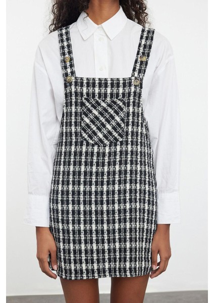 Moda Stil Fitted Kare Yaka Mini Boy Ekose Kareli Jile Dokuma Elbise