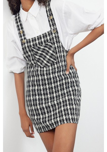 Moda Stil Fitted Kare Yaka Mini Boy Ekose Kareli Jile Dokuma Elbise