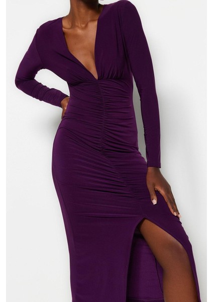 Moda Stil Slim V Yaka Midi Boy Drapeli Fitted Vücuda Oturan Esnek Örme Elbise