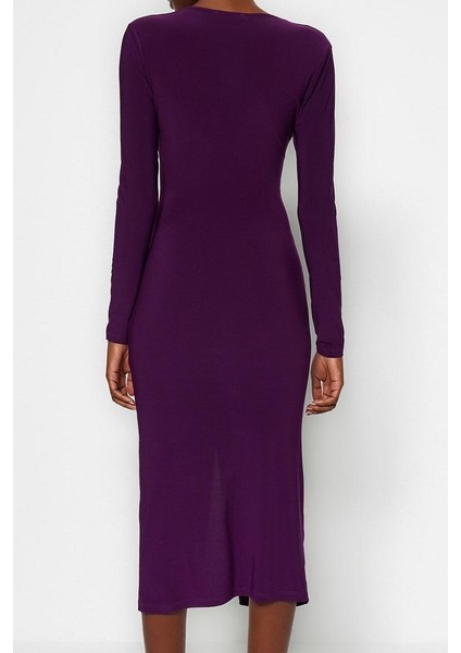 Moda Stil Slim V Yaka Midi Boy Drapeli Fitted Vücuda Oturan Esnek Örme Elbise
