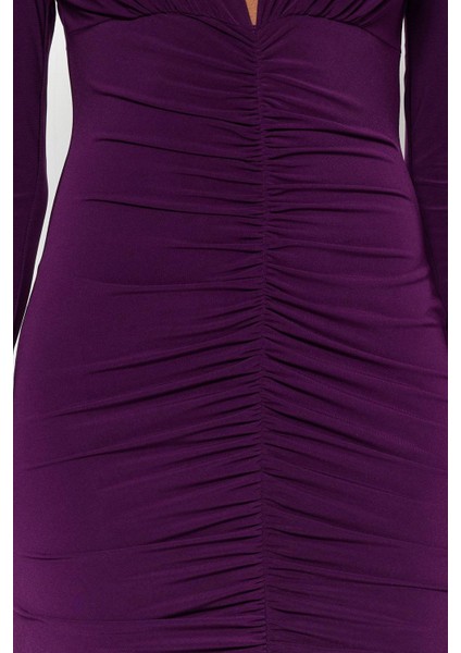 Moda Stil Slim V Yaka Midi Boy Drapeli Fitted Vücuda Oturan Esnek Örme Elbise