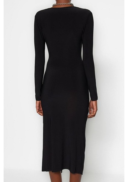 Moda Stil Slim V Yaka Midi Boy Drapeli Fitted Vücuda Oturan Esnek Örme Elbise