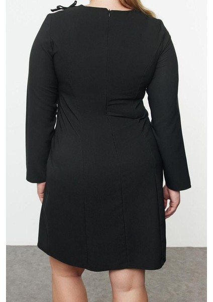 Moda Stil Fitted Bisiklet Yaka Mini Boy Büyük Beden Kadın Fiyonk Kurdeleli Dokuma Büyük Beden Elbise indirimleri
