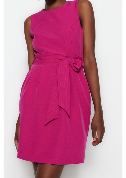 Moda Stil Regular Bisiklet Yaka Mini Boy Kuşaklı Vücudu Saran Dokuma Elbise modelleri