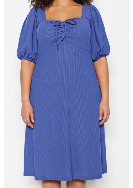 Moda Stil Relaxed Kalp Yaka Midi Boy Büyük Beden Örme Elbise
