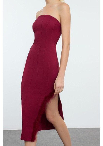 Moda Stil Fitted Straplez Midi Boy Vücuda Oturan Otrişli Dokuma Elbise