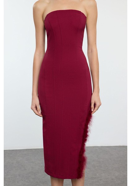 Moda Stil Fitted Straplez Midi Boy Vücuda Oturan Otrişli Dokuma Elbise