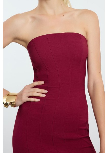 Moda Stil Fitted Straplez Midi Boy Vücuda Oturan Otrişli Dokuma Elbise