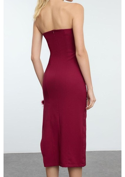 Moda Stil Fitted Straplez Midi Boy Vücuda Oturan Otrişli Dokuma Elbise