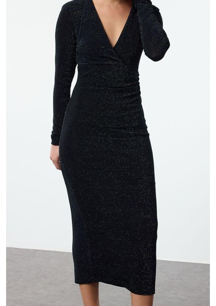 Moda Stil Fitted Kruvaze Midi Boy Vücuda Oturan V Yaka Simli Örme Elbise