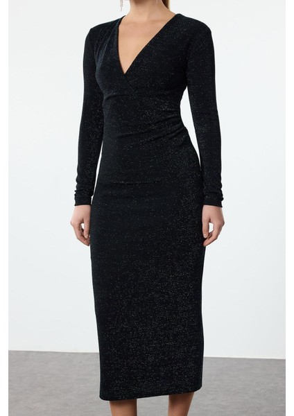Moda Stil Fitted Kruvaze Midi Boy Vücuda Oturan V Yaka Simli Örme Elbise