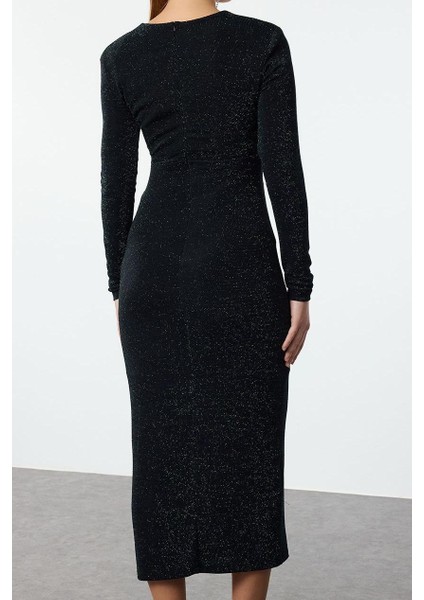Moda Stil Fitted Kruvaze Midi Boy Vücuda Oturan V Yaka Simli Örme Elbise