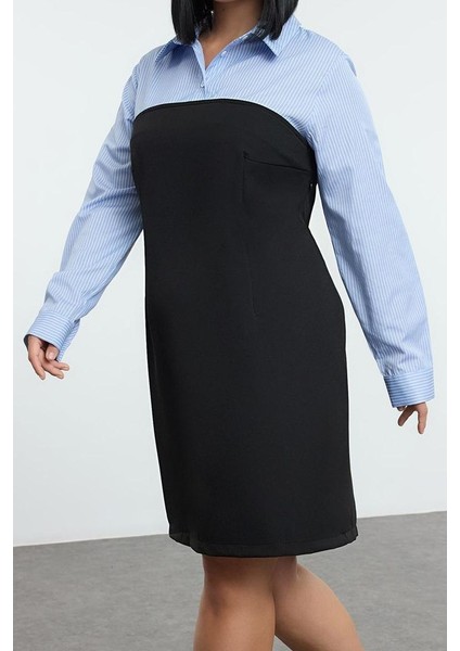 Moda Fitted Gömlek Yaka Mini Boy Büyük Beden Siyah Bodycone Straplez Dokuma Gömlek Elbise
