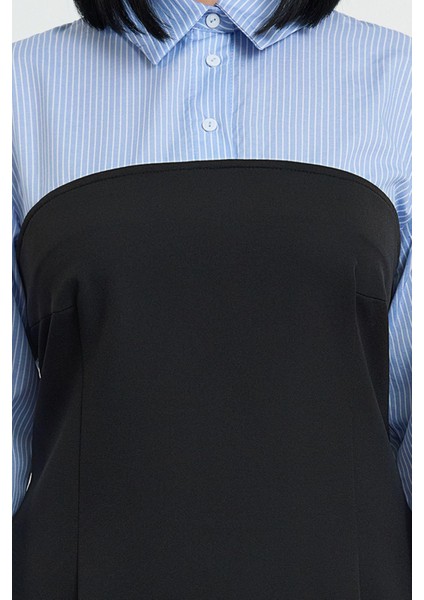 Moda Fitted Gömlek Yaka Mini Boy Büyük Beden Siyah Bodycone Straplez Dokuma Gömlek Elbise